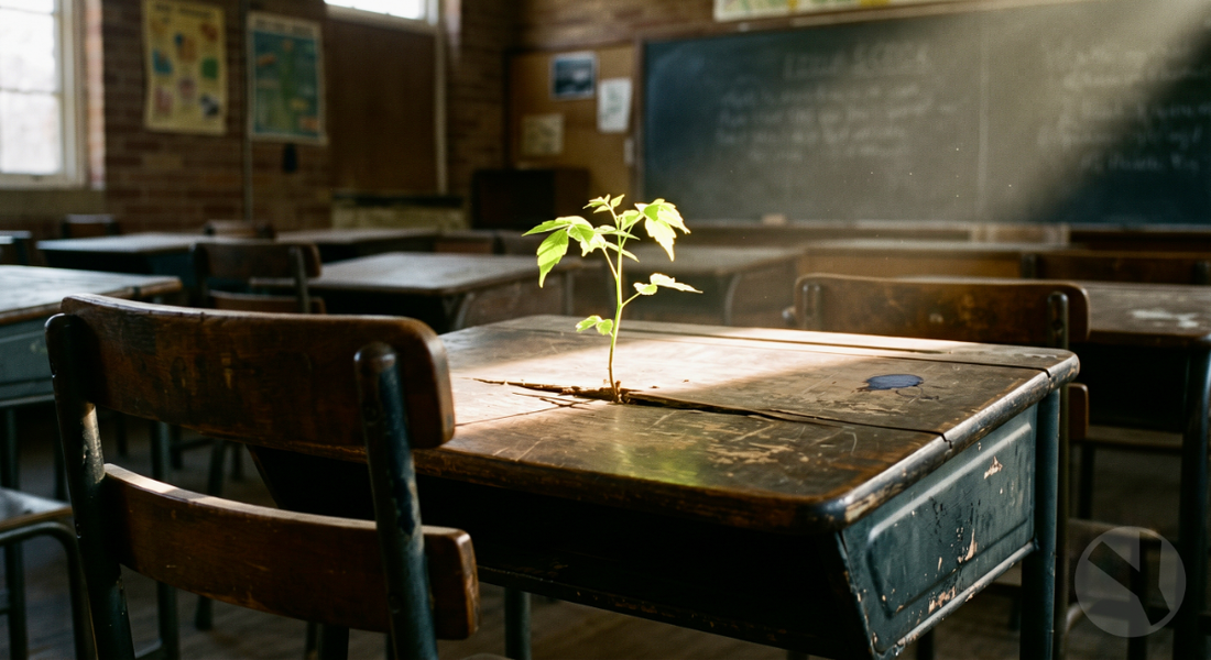 Seedling sprouting from unused school desk