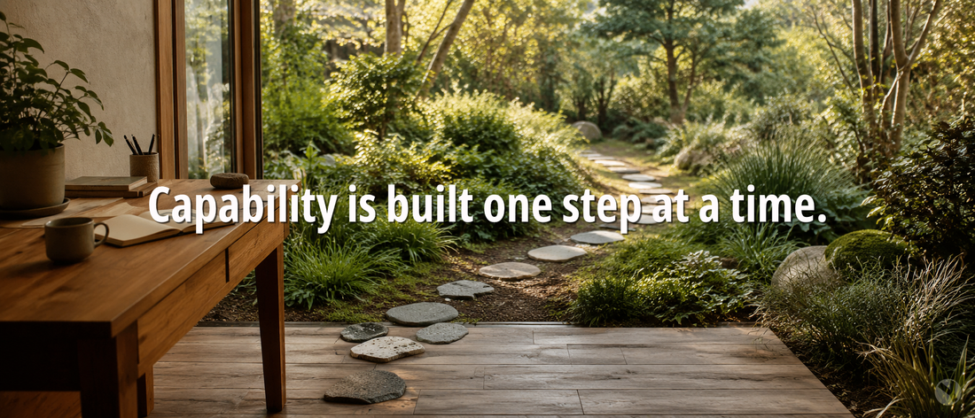 Pathway from a desk to a garden, with text overlay "Capability is built one step at a time."
