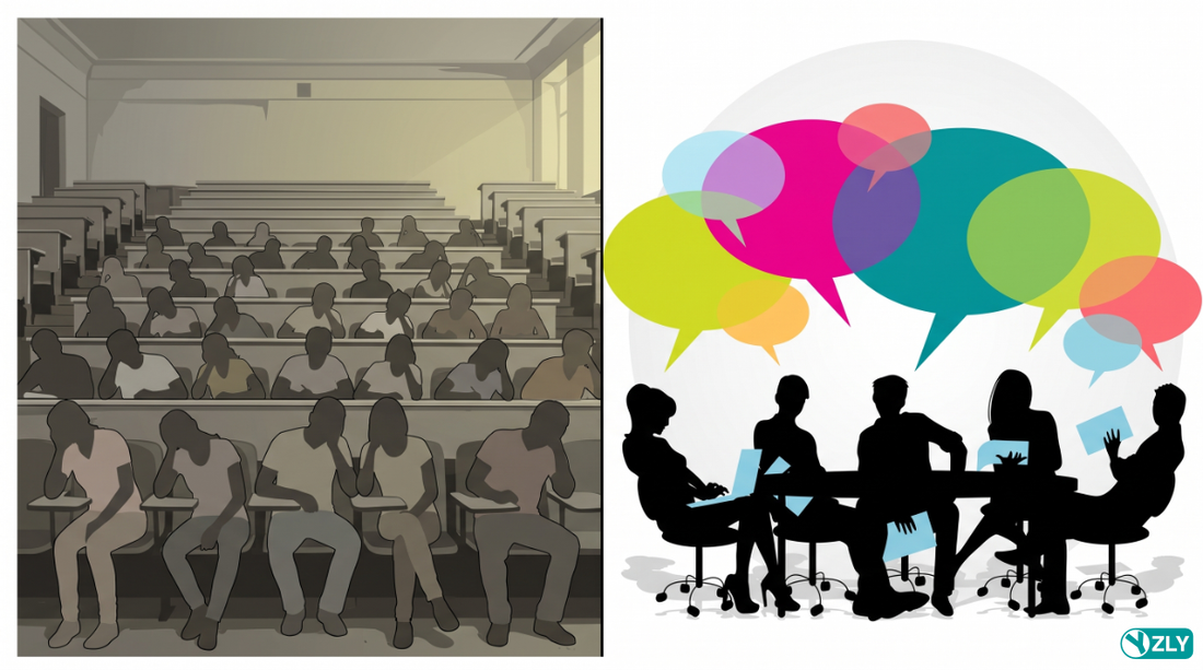Image of bored students in a lecture hall contrasted to engaged learners in active conversation