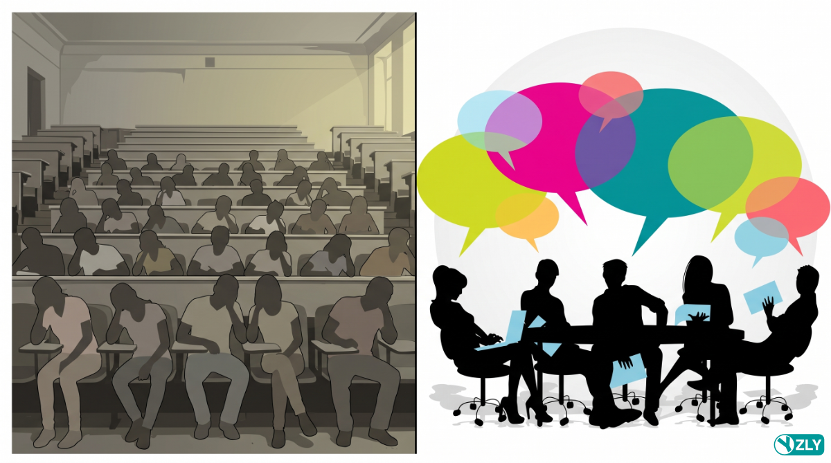 Image of bored students in a lecture hall contrasted to engaged learners in active conversation