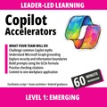 Promotional graphic for a workshop titled 'Copilot Accelerators' with the subtitle 'Level 1: Emerging'. The design features a white background with bright pink header and footer bands, black main title text, a list of learning objectives, and a colorful abstract ribbon illustration resembling Microsoft Copilot's logo.