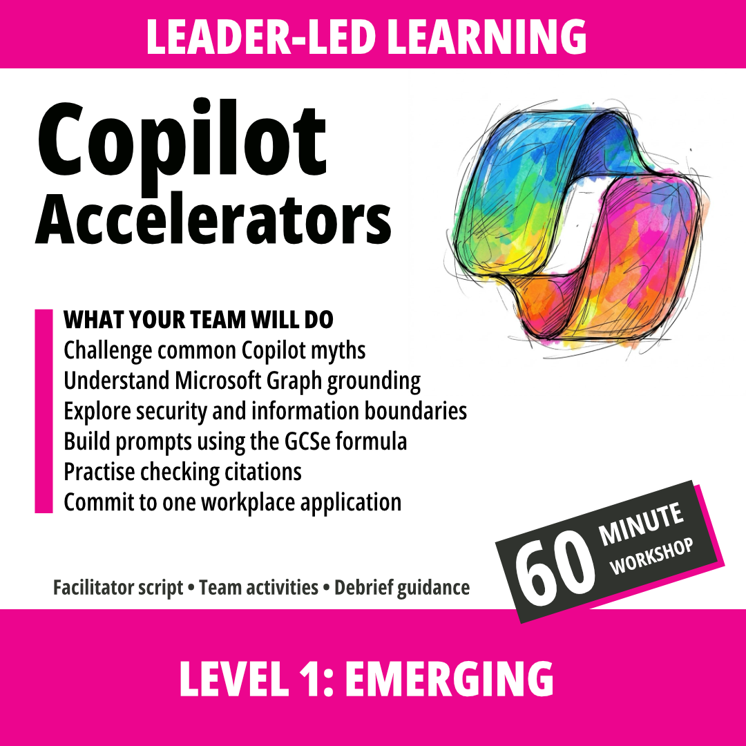 Promotional graphic for a workshop titled 'Copilot Accelerators' with the subtitle 'Level 1: Emerging'. The design features a white background with bright pink header and footer bands, black main title text, a list of learning objectives, and a colorful abstract ribbon illustration resembling Microsoft Copilot's logo.