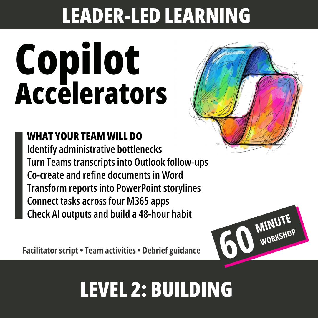 Promotional graphic for a digital workshop titled 'Copilot Accelerators' under the 'Leader-Led Learning' program. The design features a white background with dark gray header and footer bands, black text, and a colorful, sketch-style illustration of a looped smartwatch.