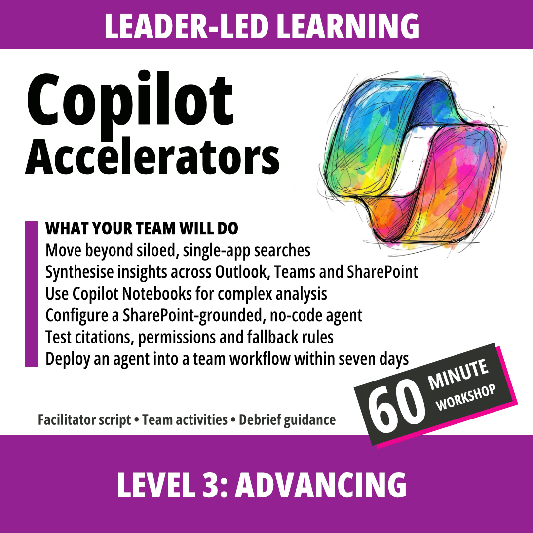 Promotional graphic for a workshop titled 'Copilot Accelerators' with the subtitle 'Level 3: Advancing.' The design uses a white background with purple header and footer bands, black main title text, a colorful abstract ribbon illustration, and a black-and-pink '60 minute workshop' badge.