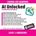 Promotional graphic for 'AI Unlocked: Foundations to Fluency' with bright pink header and footer, black main title text, a list of learning objectives, a teal key icon, and a black badge reading '8 Connected Workshops'.