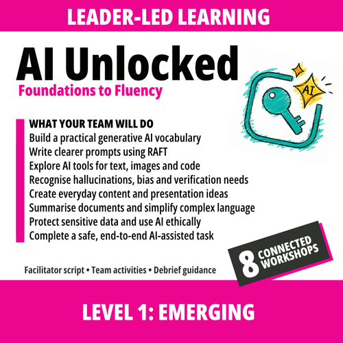 Promotional graphic for 'AI Unlocked: Foundations to Fluency' with bright pink header and footer, black main title text, a list of learning objectives, a teal key icon, and a black badge reading '8 Connected Workshops'.