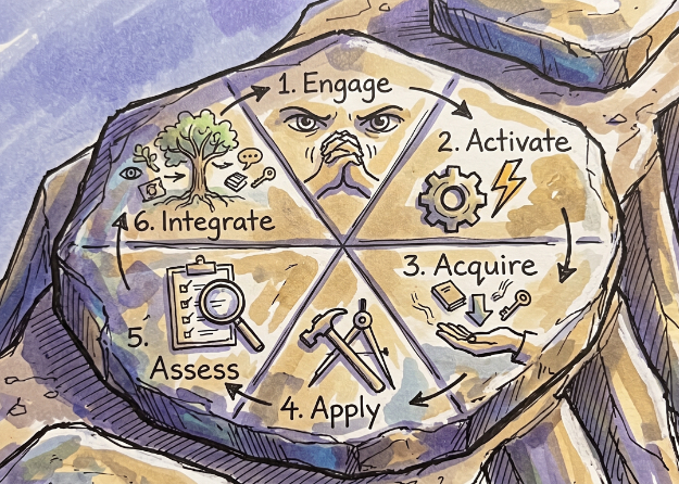 Hand drawn illustration representing the six phases of a Yzly workshop