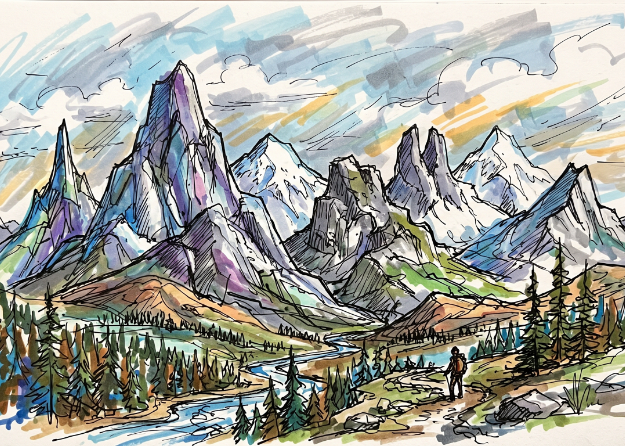 Image of a vast colourful, hand-drawn mountain range