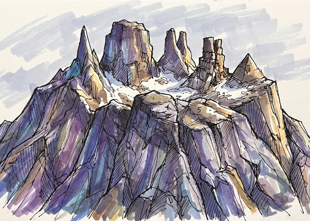 Hand drawn, colourful sketch of a mountain with several peaks