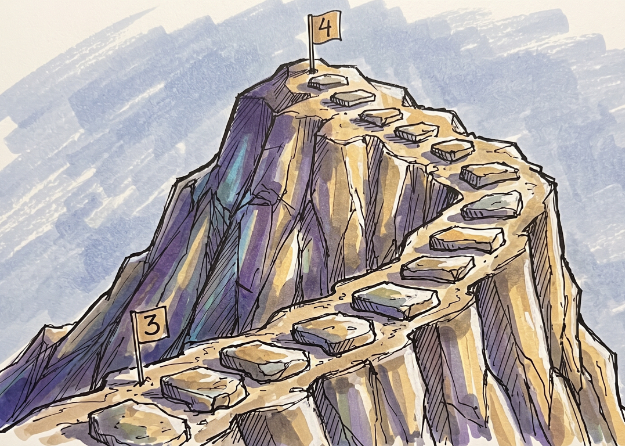 A colourful, hand-drawn image of a mountain summit, with multiple stepping stones, between levels.