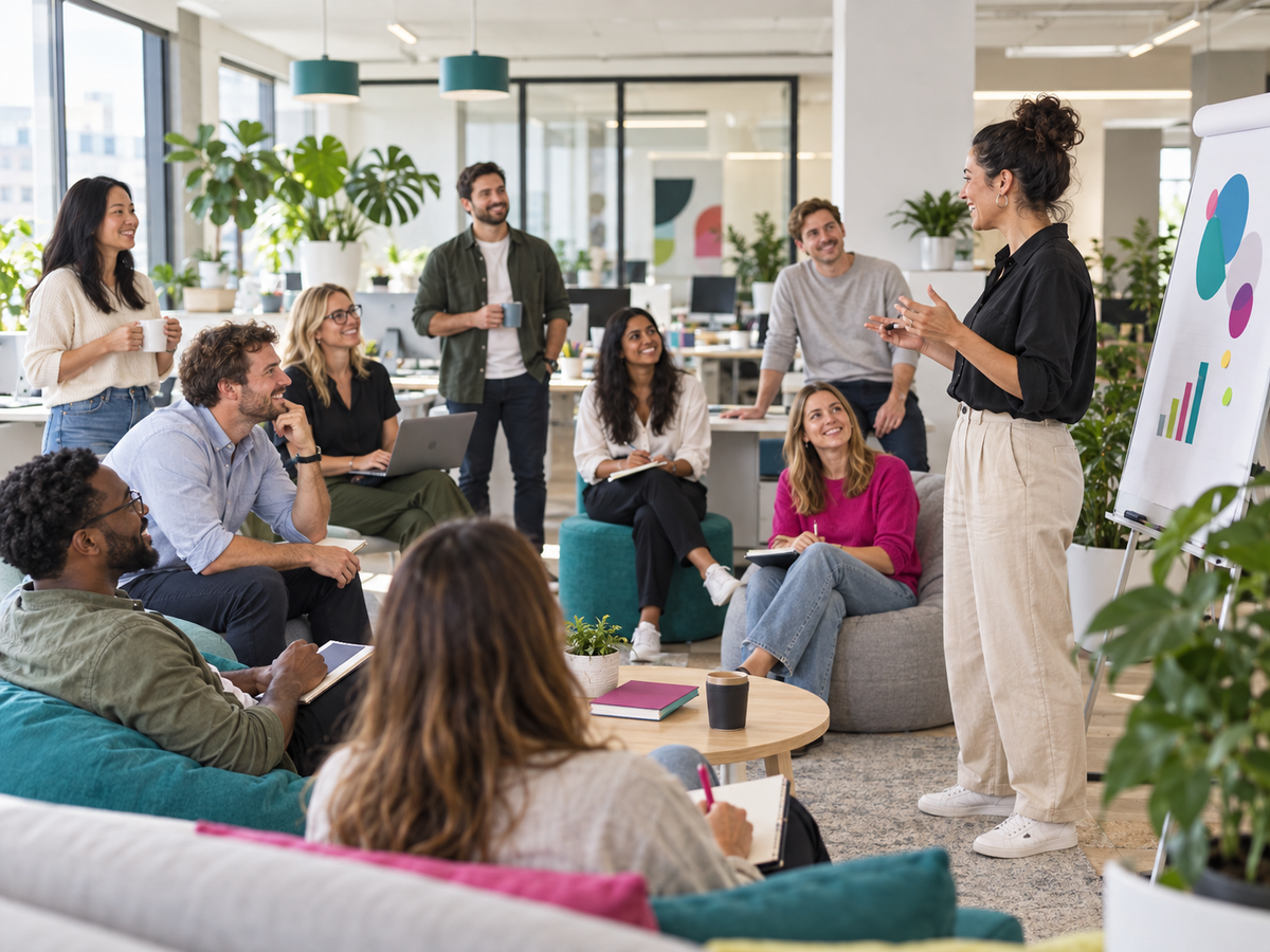 A leader guiding a group discussion in a bright shared workplace