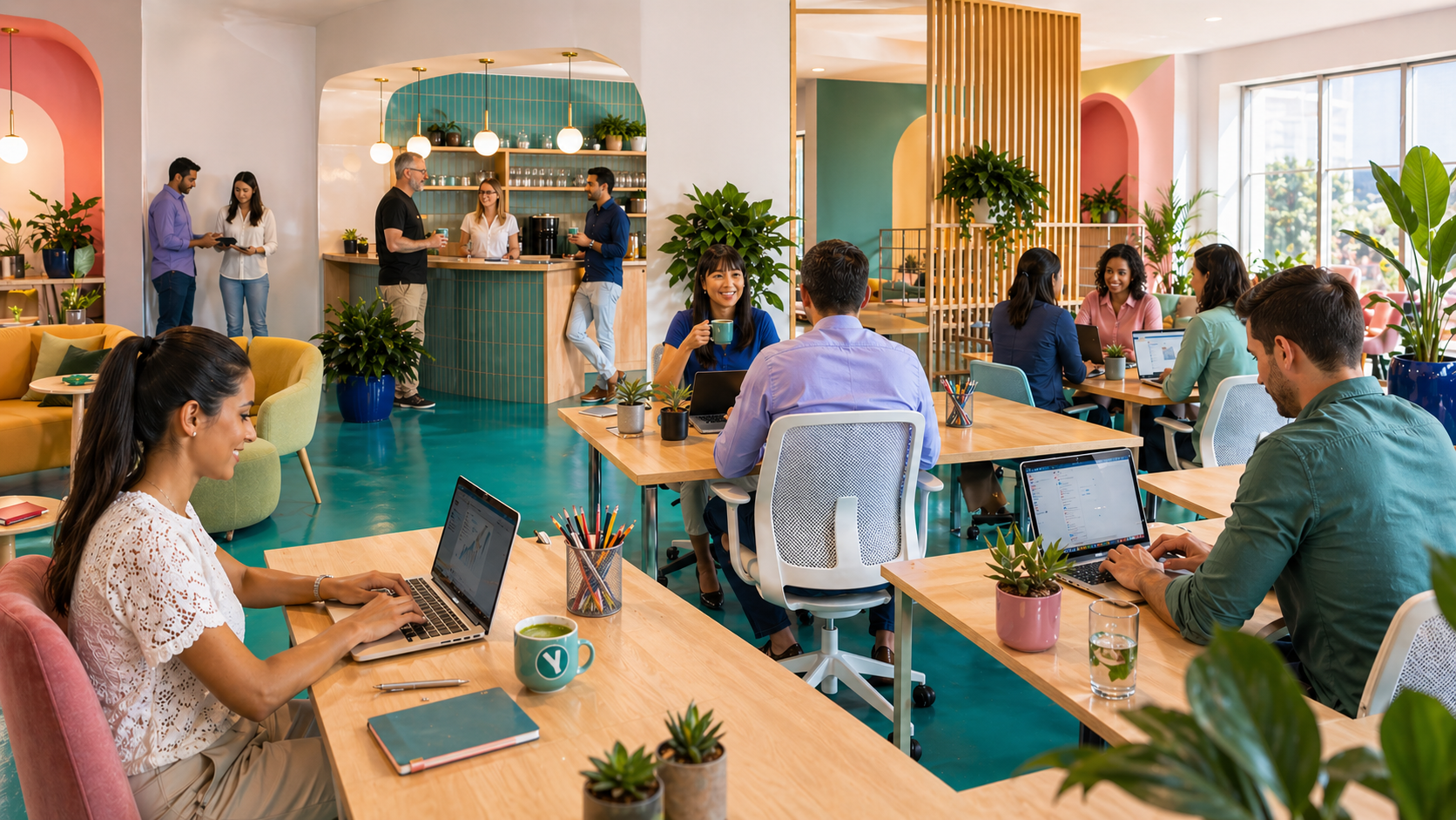 A team learning and working together in a shared workplace